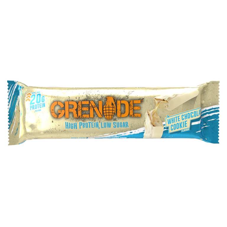 Grenade White Chocolate Cookie barritas de proteínas 22g, triple capa y bajo azúcar, pack de 12