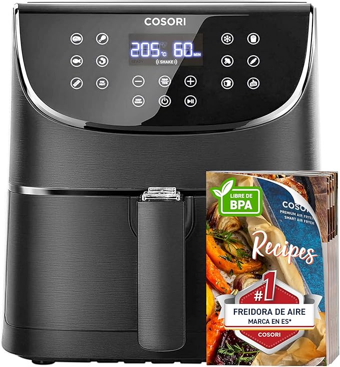 Cosori freidora de aire 5.5L con interior metálico antióxido y 100 recetas incluidas