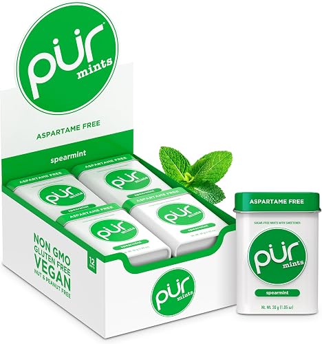PUR Mentas de hierbabuena con xilitol 100% natural y sin aspartamo (paquete de 12)