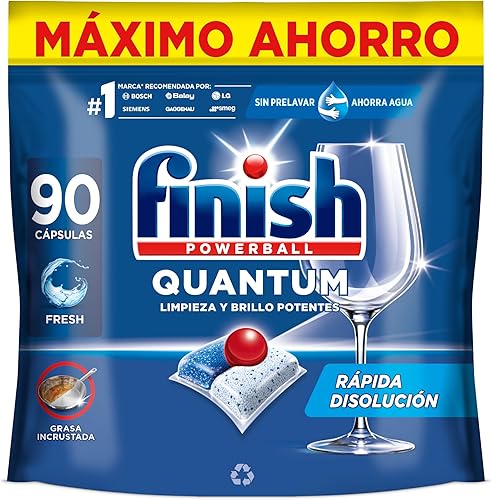 Finish Powerball Quantum All in 1 pastillas para lavavajillas con limpieza profunda y brillo superior, 90 unidades