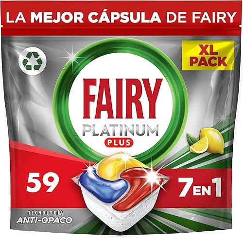 Fairy Platinum Plus cápsulas de lavavajillas todo en uno limón, 59 cápsulas para limpieza profunda