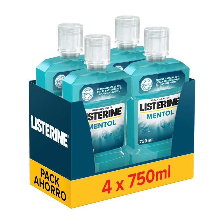 Listerine Mentol enjuague bucal con flúor Pack 4 x 750 ml - 24h Protección y botellas recicladas