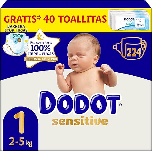 Dodot pañales bebé sensitive talla 1 con 224 unidades y 40 toallitas aqua pure incluidas