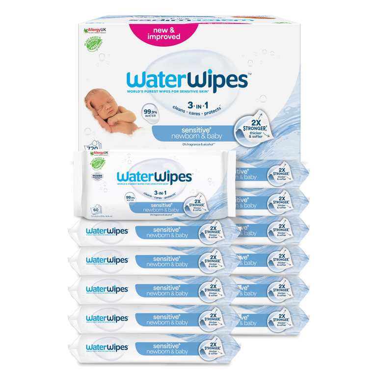 WaterWipes Sensitive+ toallitas para bebés 720 unidades, limpia, cuida y protege con 99,9% agua pura